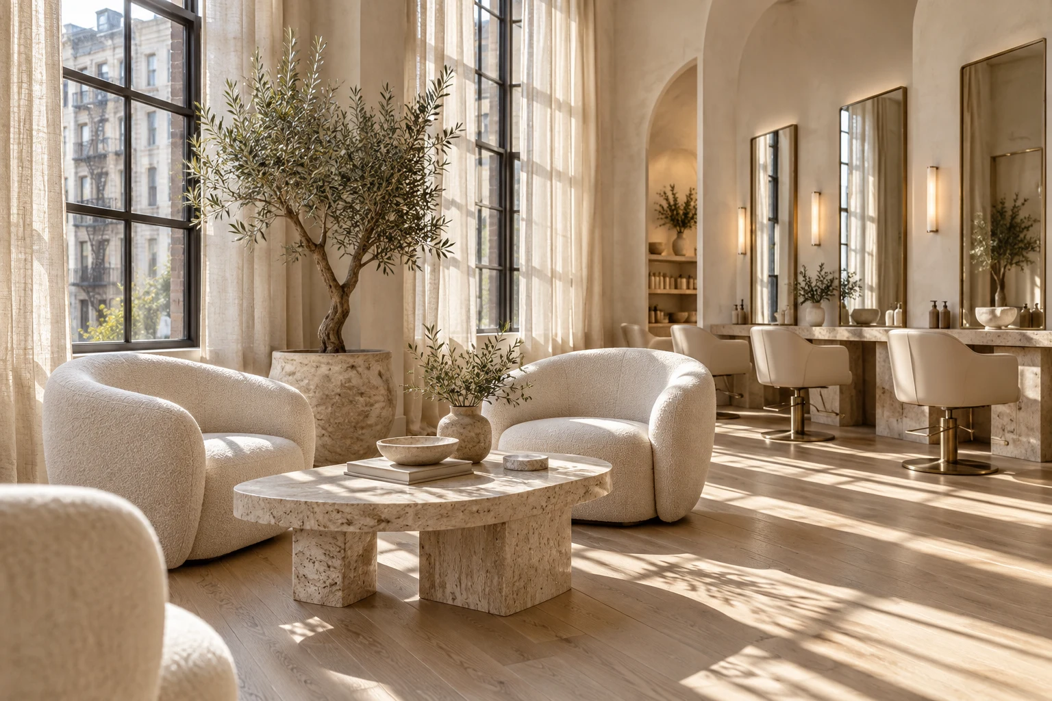 Sunlight across sculptural seating, linen curtains, and a travertine table