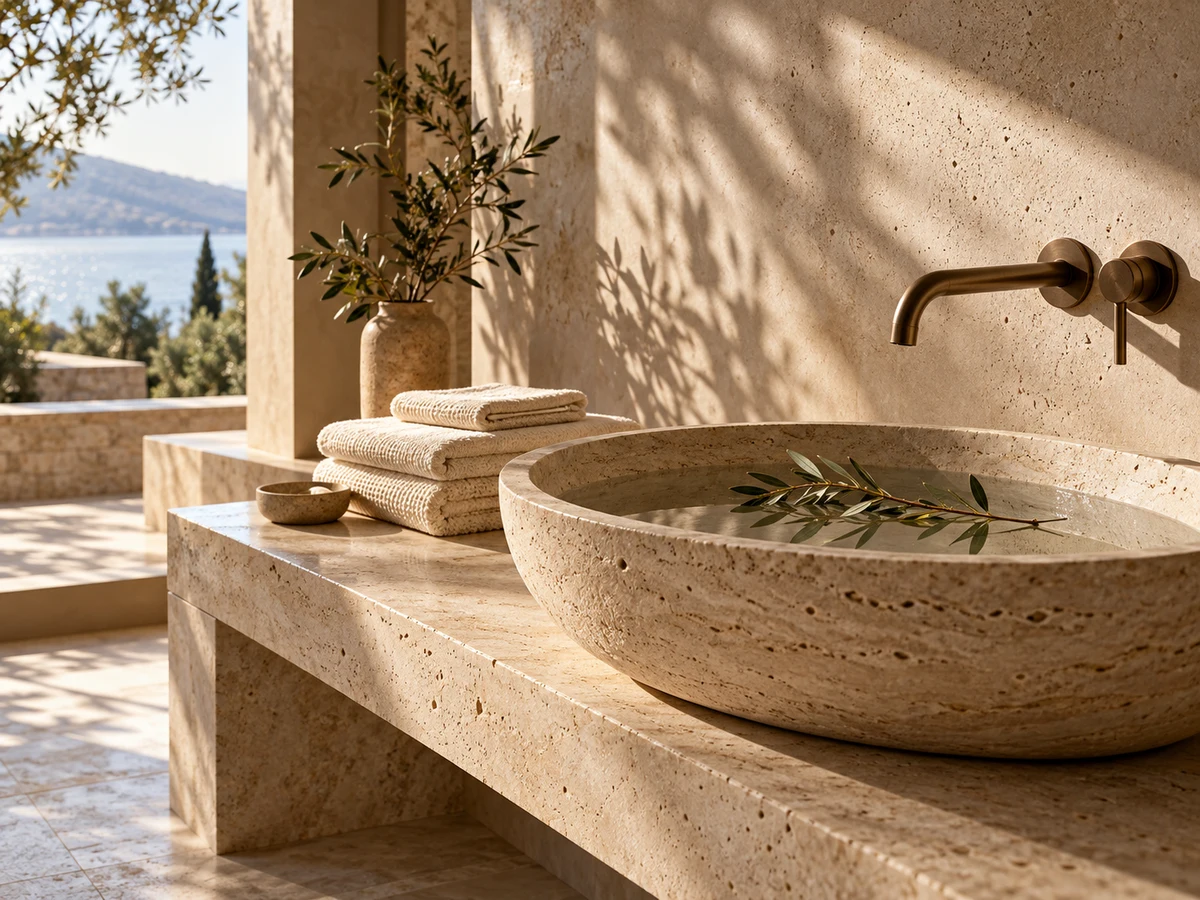 A sunlit stone spa basin with olive branches and linen